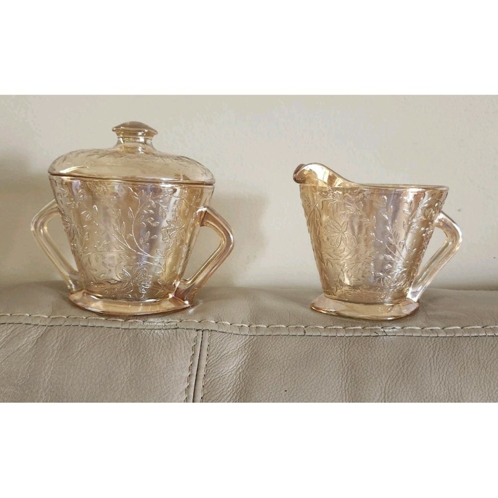 Vintage Jeanette Glass Co FloraGold Louisa Sugar/creamer Orange Iridescent Glass